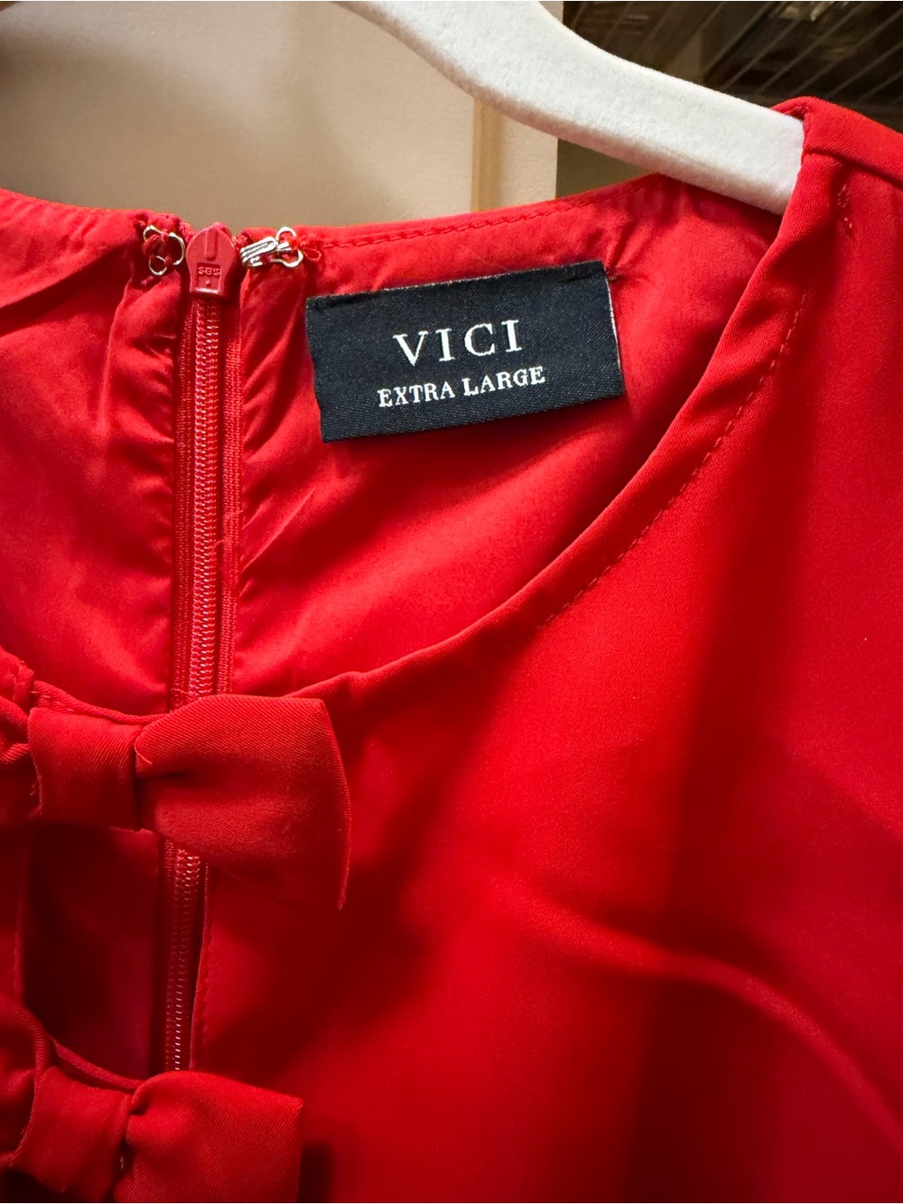 VICI Red Mini Dress with Bow Front and Puff Sleeves - Picture 2 of 3